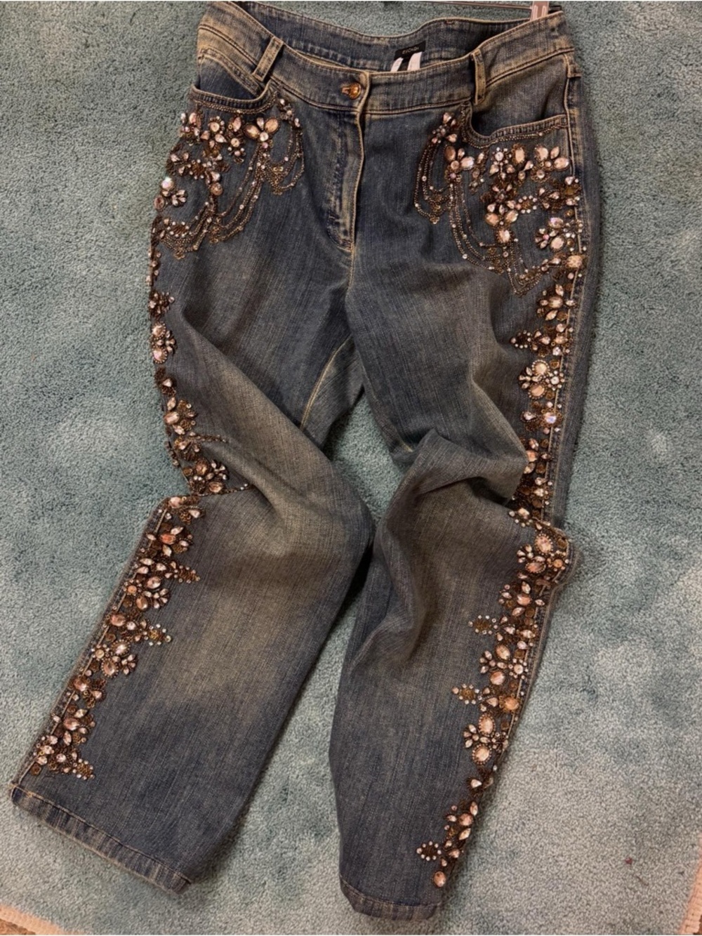 Escada Embellished Gray-Blue Straight Leg Jeans